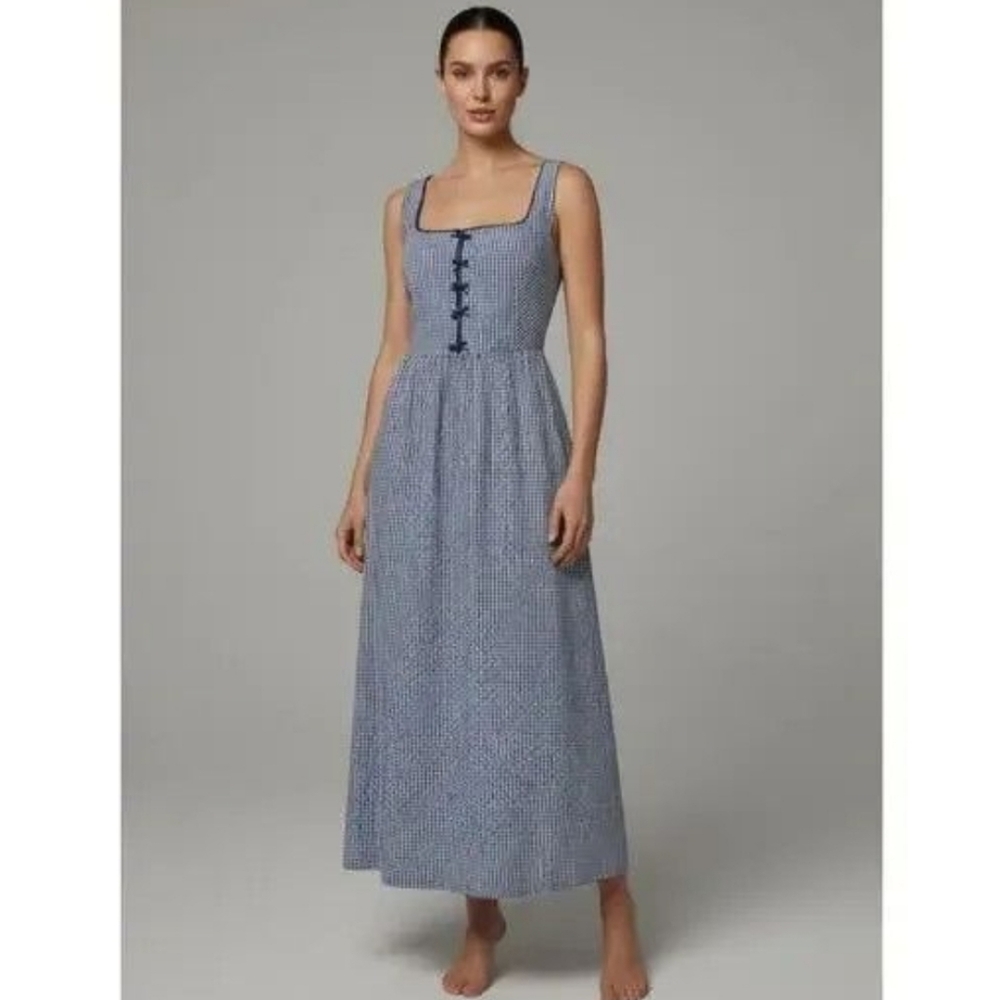 CAROLINE CONSTAS Blue Gingham Smocked Bow Maxi Sundress
